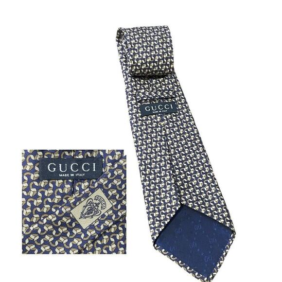 Gucci Modern Neck Tie Italy Made Geometric Ribbon AOP Navy Blue Men - Picture 1 of 7